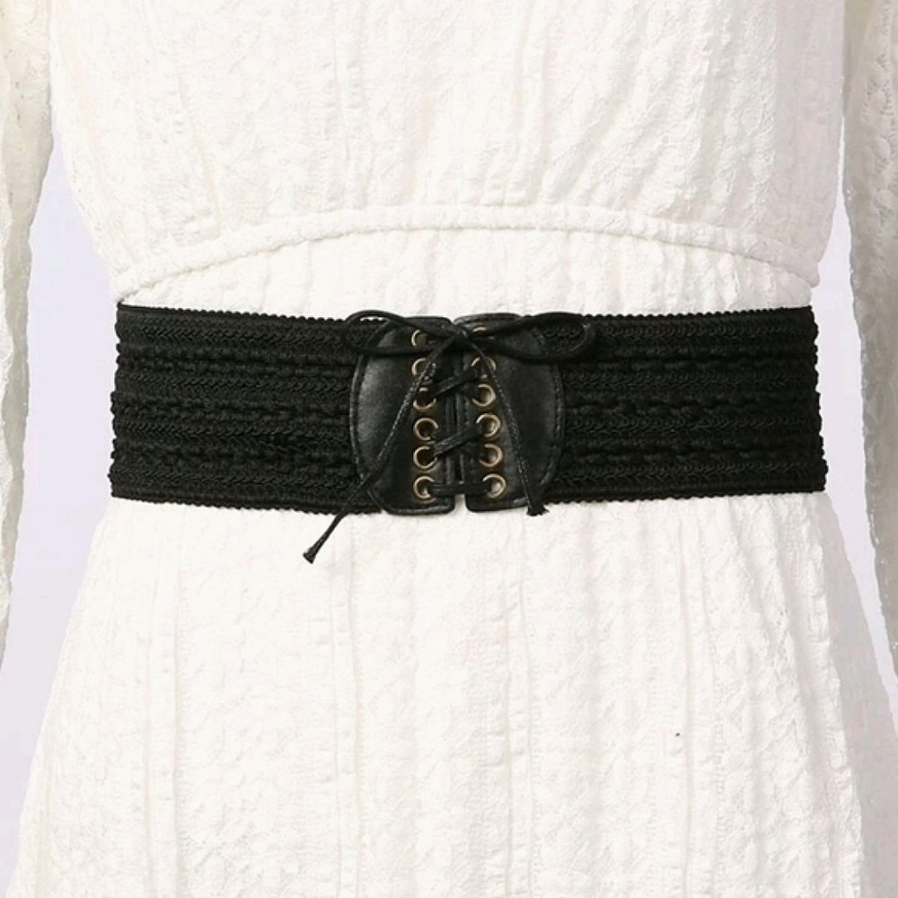 Whimsigoth Black Woven Lace-Up Corset Waist Belt Boho Stretch Elastic OS